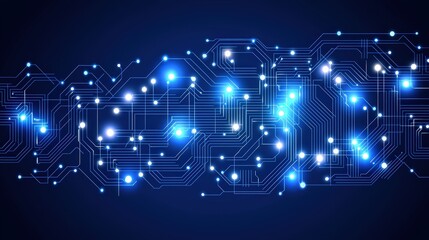 Poster - Abstract Digital Circuit Pattern with Glowing Blue Lights on Dark Background for Technology Designs