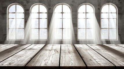 Poster - Bright Office Space with Wooden Table Surrounded by Natural Light from Large Windows