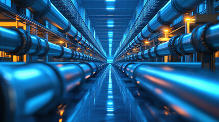 Futuristic industrial pipeline corridor with striking blue and orange lighting