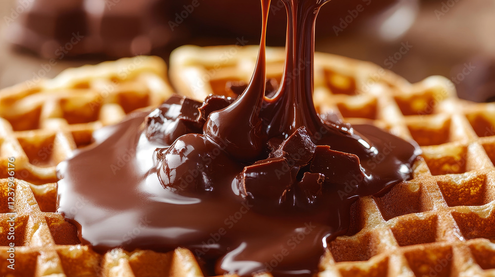 Chocolate splash flowing and dripping on waffle or wafer texture ...