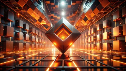 Wall Mural - Abstract Orange and Black Cubic Corridor with Glowing Central Element