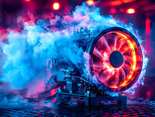Poster - glowing pc fan in vapor, dark studio