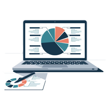 A vector illustration of a laptop with a pie chart on the screen. The laptop is in a silhouette shape. There's a speech bubble coming out of the laptop with the text Digital Business Analytics.