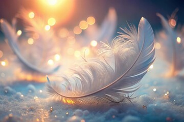Wall Mural - A Delicate White Feather Rests Gently on a Soft, Sparkling Surface, Illuminated by Warm, Golden Light