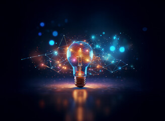 Poster - A glowing lightbulb, radiating energy and interconnectedness, sits on a dark reflective surface.  Surrounding it, a network of vibrant blue and orange lines creates a sense of innovation and connectio