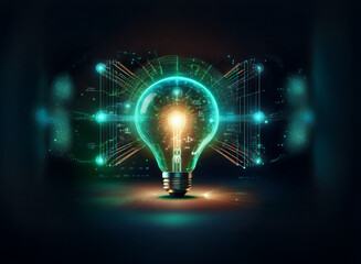 Poster - A glowing lightbulb, digitally enhanced with vibrant teal circuitry, symbolizes innovation and technological advancement.  The dark background emphasizes the brilliance of the idea.