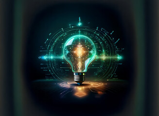 Aufkleber - A glowing lightbulb, imbued with futuristic technology, sits at the center of a circular, digital interface.  Its radiant energy suggests innovation and progress.