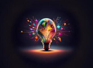 Aufkleber - A vibrant lightbulb explodes with colorful paint splashes, symbolizing creative energy and innovative thinking.  The image evokes feelings of inspiration and imagination.