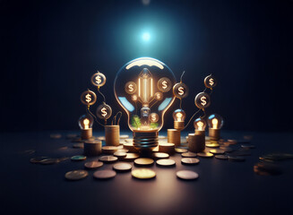 Poster - A glowing lightbulb, symbolizing a brilliant idea, sits atop a pile of coins.  Smaller lightbulbs with dollar signs sprout from the coins, illustrating financial growth and innovative investment.