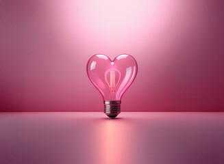 Poster - A glowing pink heart-shaped lightbulb sits on a pink surface, illuminated from above, casting a soft reflection.  Symbol of love, romance, and inspiration.