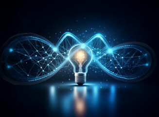 Poster - A glowing lightbulb sits at the center of a double helix DNA structure, symbolizing the innovative intersection of biotechnology and bright ideas.  The image evokes a sense of scientific breakthrough 