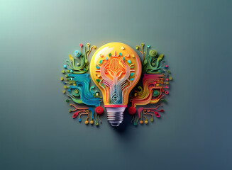 Fototapete - A vibrant, stylized lightbulb bursts with colorful circuitry, symbolizing innovation and creative energy.  Its intricate design suggests complex interconnected ideas and technological advancement.