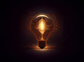 Aufkleber - A glowing light bulb, emitting warm light and surrounded by swirling energy, sits on a dark background.  It symbolizes innovation, creativity, and brilliant ideas.