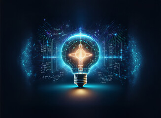 Poster - A glowing lightbulb, filled with intricate digital patterns, symbolizes innovation and technological advancement.  The background features a complex network of data streams.