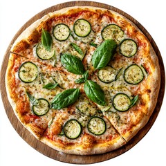 Wall Mural - Freshly Baked Vegetable Pizza with Basil and Zucchini Slices on Wooden Serving Board