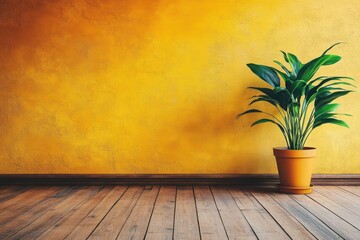 Sticker - Yellow wall, plant, wooden floor, empty room, interior design