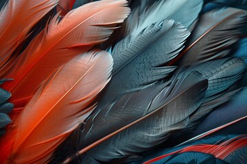 Poster - Close up of vibrant red and dark feathers, forming an intricate, textured backdrop