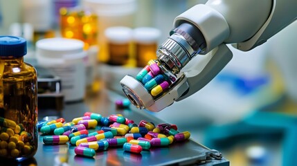 Aufkleber - In a modern laboratory, a robotic arm gently grasps vibrant capsules, surrounded by bottles and containers filled with various medications. Technology and precision merge seamlessly