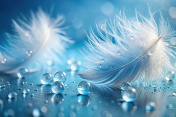 Wall Mural - Serene Aquatic Scene Featuring Delicate White Feathers and Sparkling Water Droplets on a Smooth Surface