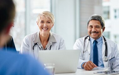Poster - Happy doctor, laptop and meeting with team for interview, discussion or hiring process at hospital. Surgeon, medical or healthcare workers with intern or junior nurse for health or internship program