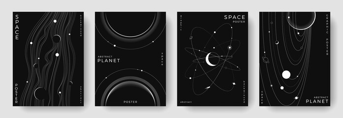 Set of abstract space astronomy backgrounds. Line art galaxy, universe, planet, solar system. Science future concept. Cosmic minimalist design for cover, poster, layout, banner, flyer, brochure