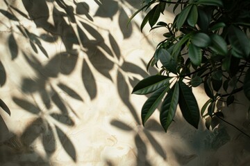 Wall Mural - Green leaves casting shadows on a textured wall, creating an aesthetic natural pattern with light and shadow