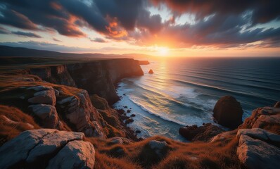 Canvas Print - Breathtaking coastal sunset over cliffs