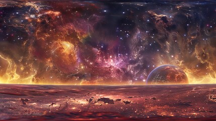 Wall Mural - immersive 360-degree equirectangular space background panorama featuring a vibrant nebula and shimme