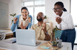 © Malambo20/peopleimages.com - Business, people and celebration with laptop in office for good news, positive client feedback and project victory. Web designer, team and applause for website layout success and support at startup