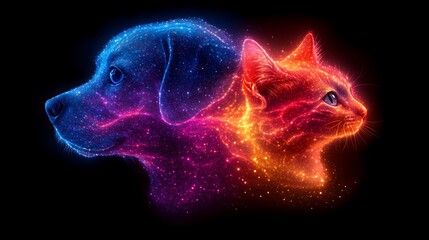 Poster - Dreamy Abstract Art of Dog and Cat Surrounded by Cosmic Colors
