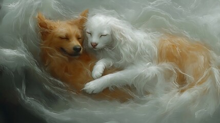 Wall Mural - Dreamy Abstract Design of Cat and Dog Embraced in Soft Textures