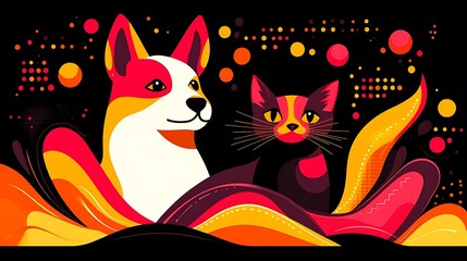 Poster - Dynamic Abstract Art Showcasing a Dog and Cat in Bold Colors
