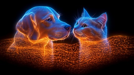 Poster - Dynamic Abstract Composition of Dog and Cat with Neon Effects