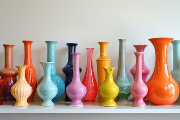 Poster - Variety of colorful ceramic vases standing on a shelf, adding a touch of modern style and vibrancy to an interior design setting