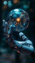 Poster - A futuristic robotic hand holds a shimmering holographic sphere filled with luminous connections, symbolizing technological advancement and global interconnectivity