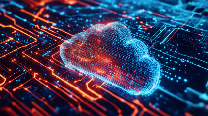 Poster - Dada cloud technology outline icon with laptop computer connected to cloud. Information storage, sync and secure remote access, data backup thin line vector symbol, linear icon