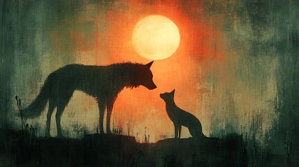 Wall Mural - Minimalist Abstract Composition of Dog and Cat Silhouettes at Sunset