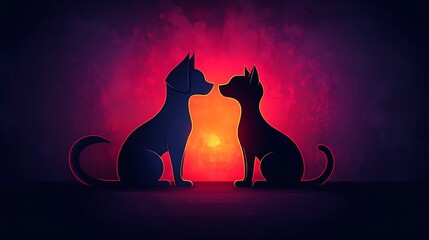 Wall Mural - Minimalist Abstract Design of Dog and Cat Silhouettes in Glow