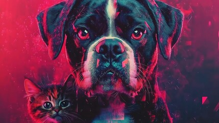 Poster - Modern Abstract Composition of Dog and Cat in Vibrant Colors