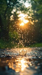 Poster - Heavy rain falls gently over a serene meadow, creating ripples in puddles while golden rays of sunlight filter through the clouds, illuminating the landscape with a magical glow