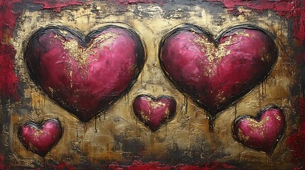 Poster - Modern Abstract Valentine Artwork Featuring Red Hearts on Gold Background