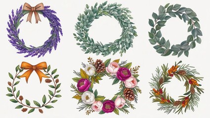 Wall Mural - Collection of Six Watercolor Floral Wreaths Lavender Eucalyptus Greenery Peonies Berries