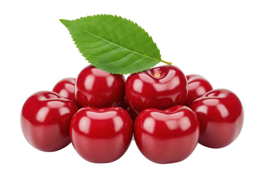 Cherries with leaf isolated on white background, front view, no depth of field, sharp
