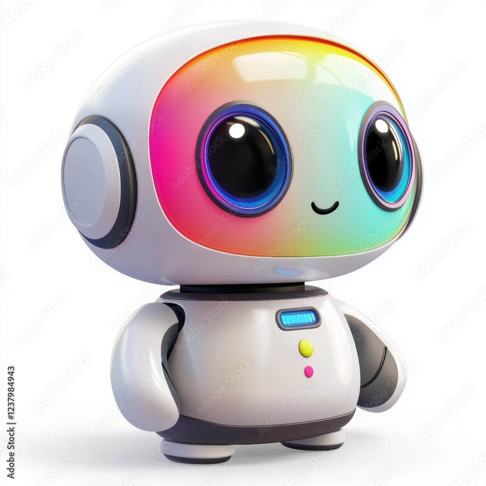 child-friendly robot with a rainbow-colored screen face and soft round ...