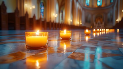 Warm glow of candles illuminating a serene church interior, enhancing the tranquil atmosphere