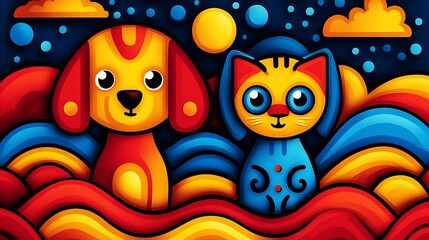 Poster - Playful Abstract Art Featuring Colorful Dog and Cat Companions