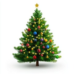 Wall Mural - Christmas tree decorated with twinkling lights and ornaments, placed on a bright white background