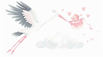 Wall Mural - Cute cartoon stork flying with baby bag 