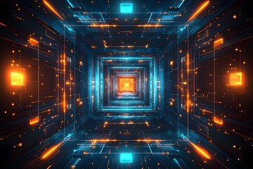 Poster - Futuristic digital tunnel, glowing lights, abstract background, tech concept