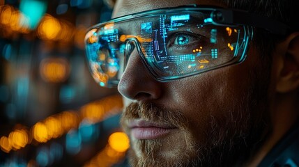 Poster - A focused individual wearing augmented reality glasses interacts with digital interfaces in a vibrant, high-tech workspace illuminated by glowing elements, exploring advanced technologies